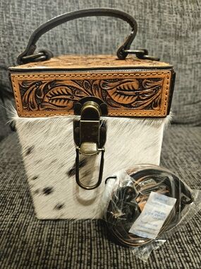 Leather Tooled & Cowhide Box Crossbody Bag - Brown & White